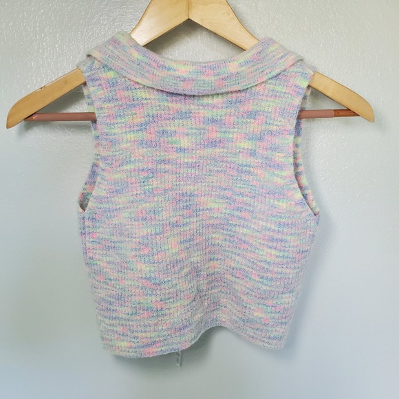 Witty Fox Cropped Knit‎ Top Sleeveless Vest Pastel Rainbow Drawstring Collar S - Picture 2 of 5